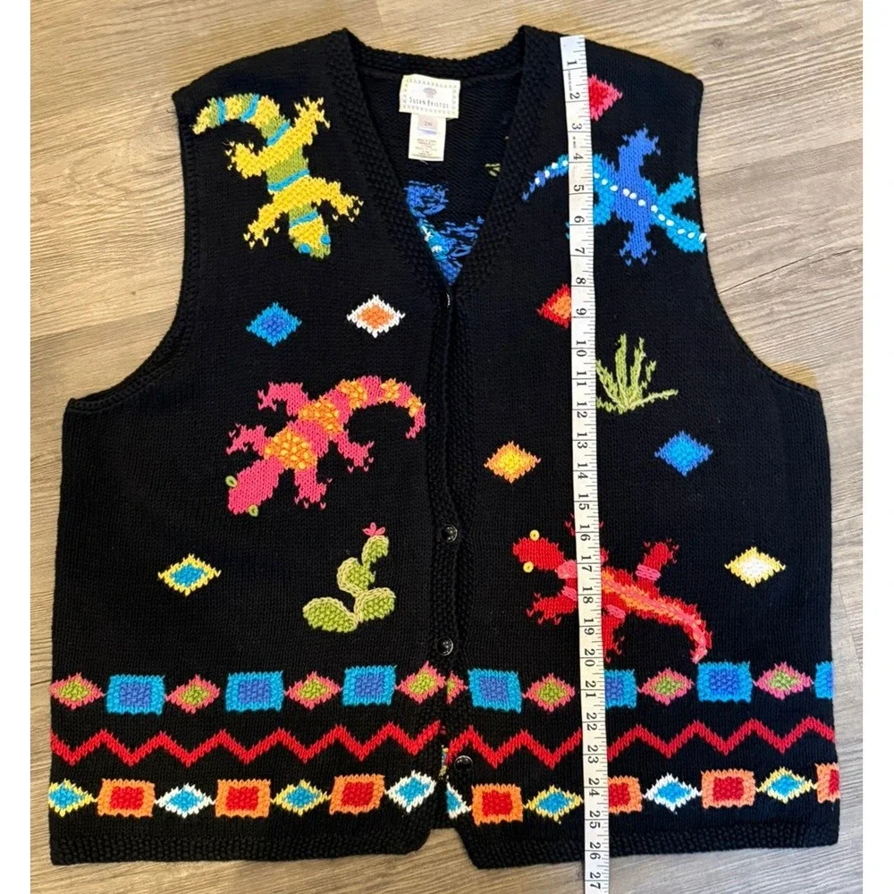 90s Vintage Susan Bristol Lizard Cactus Hand Knit Vest Colorful Women Size 2W